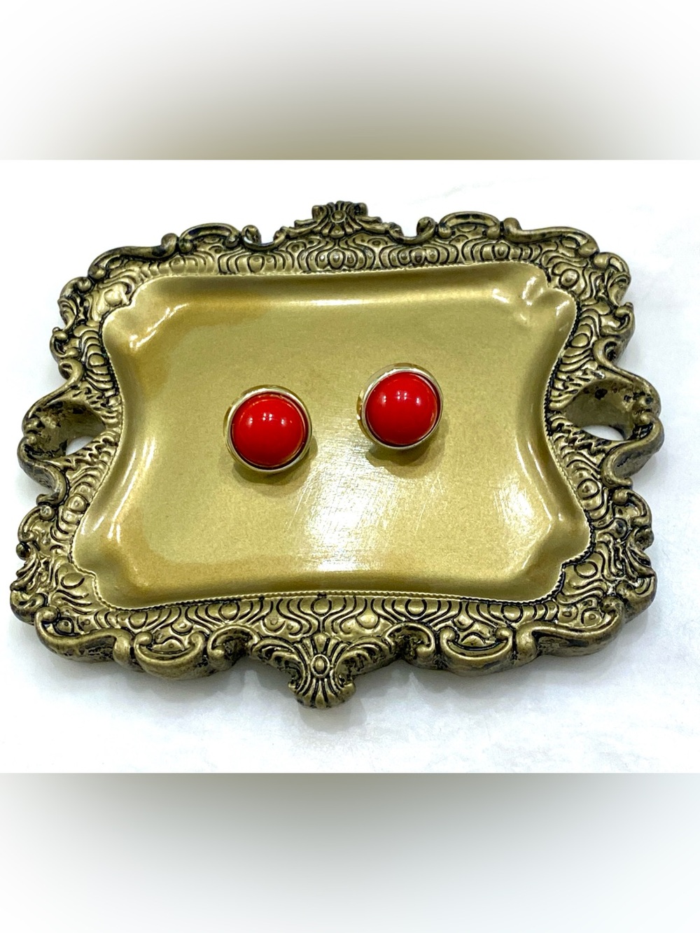Vintage Gold Tone Red Enamel Cabochon Button Stud Earrings 1980s Mod